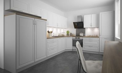 L-Form Küchenzeile ELBING 372x304cm grau weiß - light grey stone Hettich Vollauszug