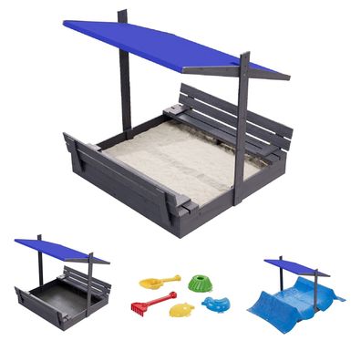 QLS Holz-Sandkasten 120 cm mit Sitzbank und blauem Dach Abdeckung imprägniert 11290