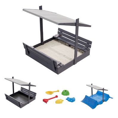 QLS Holz-Sandkasten 120 cm mit Sitzbank und grauem Dach Abdeckung imprägniert 11291