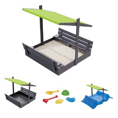 QLS Holz-Sandkasten 120 cm mit Sitzbank und grünem Dach Abdeckung imprägniert 11292