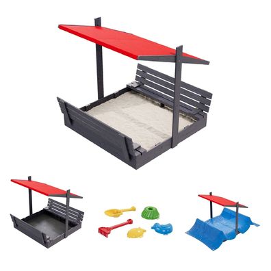 QLS Holz-Sandkasten 150 cm mit Sitzbank und rotem Dach Abdeckung imprägniert 11293