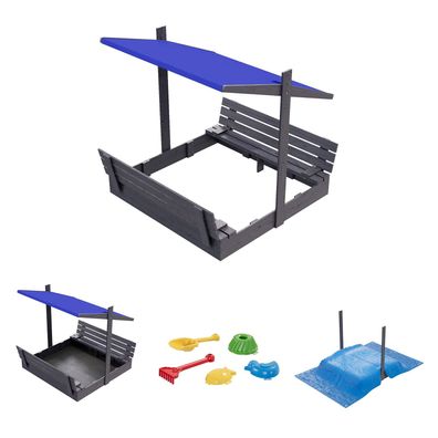 QLS Holz-Sandkasten 150 cm mit Sitzbank und blauem Dach Abdeckung imprägniert 11294