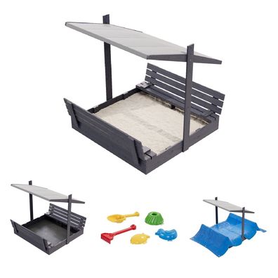 QLS Holz-Sandkasten 150 cm mit Sitzbank und grauem Dach Abdeckung imprägniert 11295