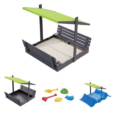 QLS Holz-Sandkasten 150 cm mit Sitzbank und grünem Dach Abdeckung imprägniert 11296