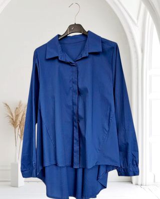 Italy 38 40 42 Baumwollbluse Bluse Kragen langarm Knöpfe Vokuhila Royalblau