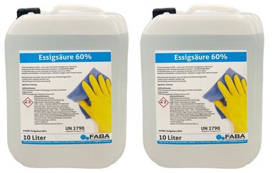 Essigsäure 60% Essigessenz C2H4O2 Reiniger Entkalker 2 x 10 Liter