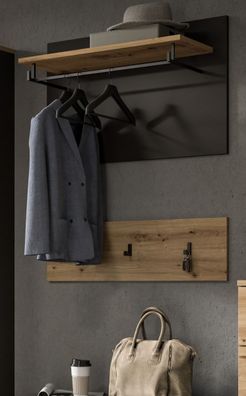 Garderobe Set 2-tlg. Garderobenpaneel und Garderobenleiste Eiche grau Cooper 80x73 cm