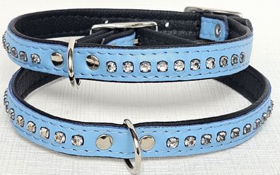 Hunde Halsband -Halsumfang 25-31cm Echt LEDER + Strass, BLAU