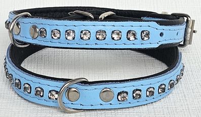Hunde Halsband -Halsumfang 22-27,5 cm Echt LEDER + Strass, BLAU (123)