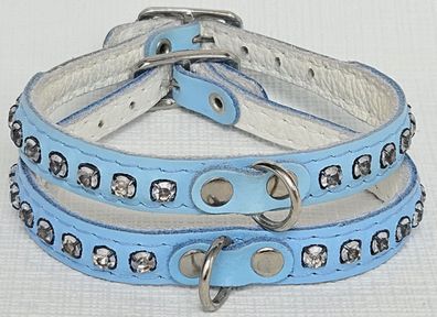 HUNDE Halsband - Halsumfang 22-28cm, Echt LEDER; Strass + BLAU