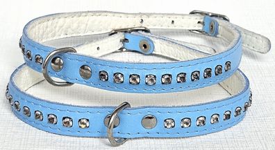 HUNDE Halsband - Halsumfang 26-31,5cm, Echt LEDER; Strass + BLAU