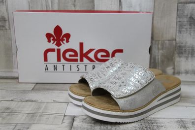 Rieker Damen Klett-Pantolette silber mit Schriftmuster