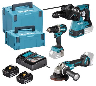 Makita Kombo-Kit LXT DDF484 • DGA504 • DHR243 • Ladegerät • 2 x 5,0 Ah Akku • Koffer