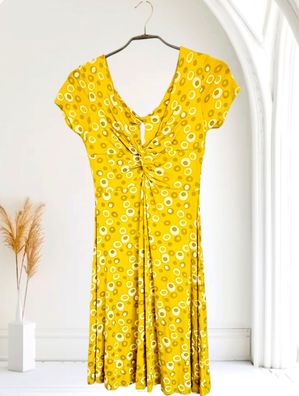 Italy 36 38 40 Sommerkleid Knotenkleid A-Linie knielang kurzarm Punkte Gelb/Weiß
