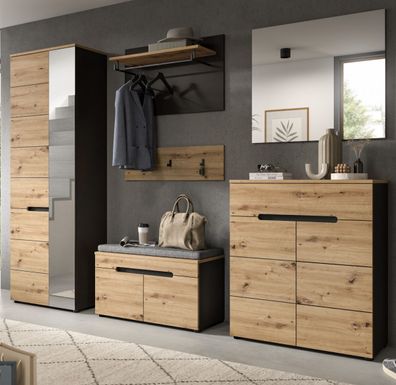 Flur Garderobe komplett Set Garderobenset 6-tlg. Eiche grau Cooper Soft-Close 255 cm