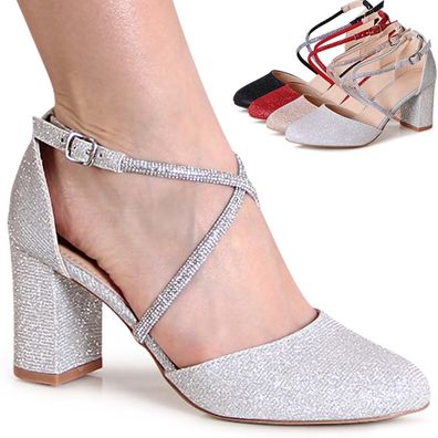 topschuhe24 3159 Damen Glitzer Pumps Riemchen High Heels