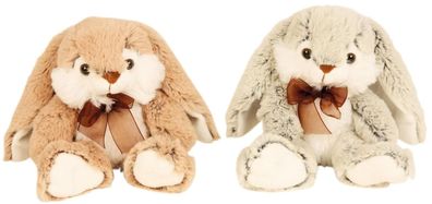 2 Stück Hase mit Schleife 15cm grau braun weich Plüschtier Stofftier Kuscheltier