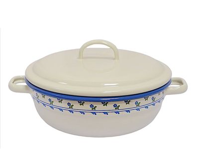 Emaille Bauernschüssel mit Deckel, Schüssel, Suppenschüssel Creme Blümchen 20 cm