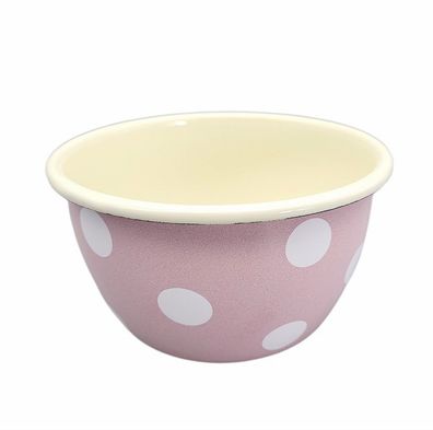 Emaille Schüssel, Salatschüssel, Müsli Schale, Dekor Tupfen Rosa Weiß 15 cm