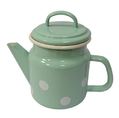 Emaille Teekanne, Deckelkanne, Teepott Mint & Weiße Tupfen 1,0 Liter