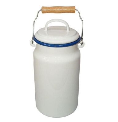 Milchkanne, Emaille Milchkanne, Henkelkanne mit Deckel, weiß- blau, 2 Liter