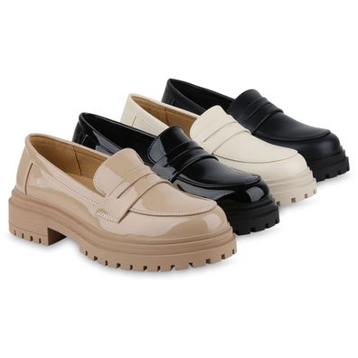 VAN HILL Damen Plateauschuhe Halbschuhe Lack Profil-Sohle Freizeit Schuhe 841656