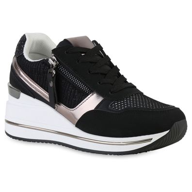 VAN HILL Damen Sneaker Wedges Schnürer Metallic Zipper Glitzer Schuhe 841565
