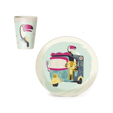 2-teiliges Wilde Tiere Bambus Fasern Set - Teller + Becher