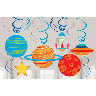 12 Deko Spiralen Blast Off - Planeten Hängedeko