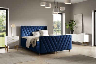 Boxspringbett Schlafzimmerbett Carlito Premium 120x220cm Stoff Fresh Dunkelblau