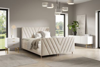 Boxspringbett Schlafzimmerbett Carlito Premium 200x200cm Stoff Fresh Altweiß
