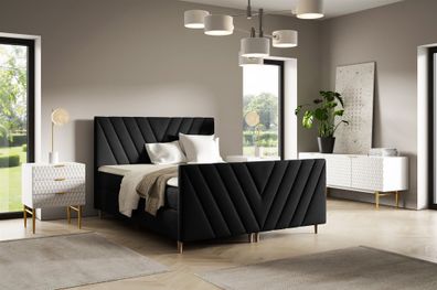Boxspringbett Schlafzimmerbett Carlito Premium 140x200cm Stoff Fresh Schwarz