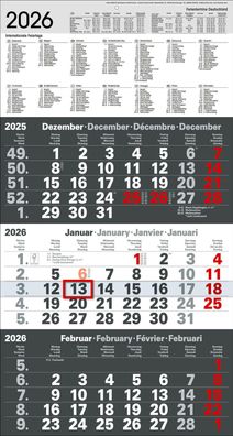 Bürokalender 2026 Kontrast 3-Monatskalender großer Wandkalender 3 Monate grau