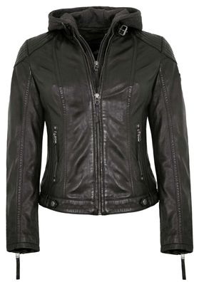Gipsy - Damen Lederjacke Kapuze Lammnappa schwarz Natur gegerbt
