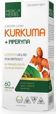 Medica Herbs Kurkuma + Piperin Extract Verdauung Unterstützung 605mg 60 Kapseln