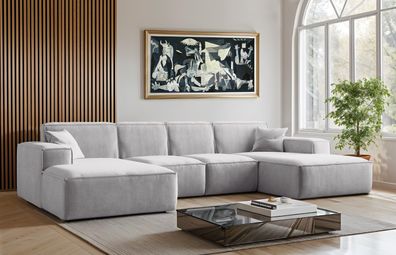 Sofa U-Form Siena, U-förmiges Ecksofa, Stoff Salvador Hellgrau
