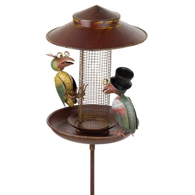 Metall Vogel-Futterstation Gartenstecker 129 cm hoch - lustige Vögel mit Hut