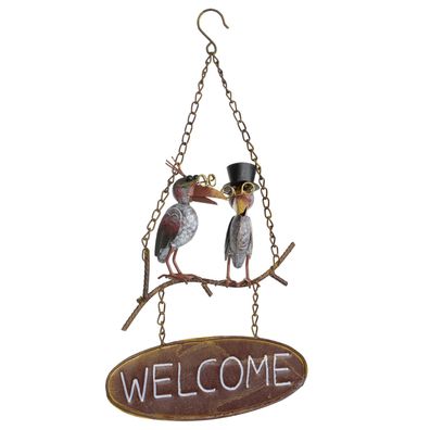 Metall Welcome Hängedeko mit zwei Vögeln auf Ast - Wanddeko 47×27,5 cm - Vogel-Dek