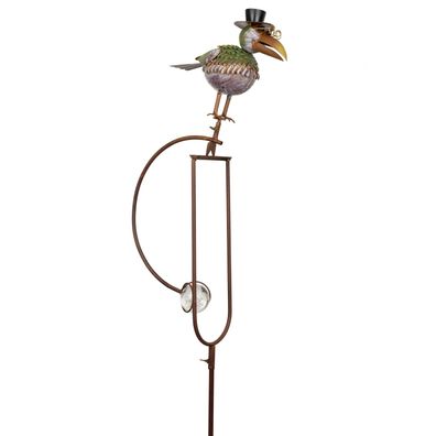 Dekorativer Metall-Gartenstecker Vogel grün mit Zylinder und Brille - lustige