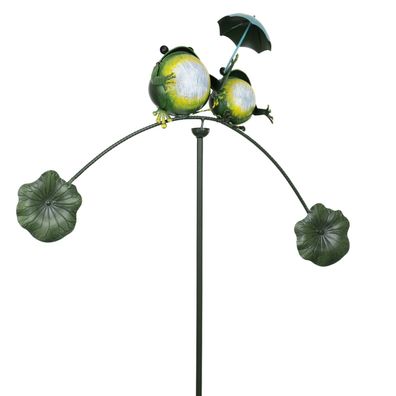 Metall Gartenstecker mit Fröschen auf Ast mit Schirm - Balance-Deko mit Seerosenbl