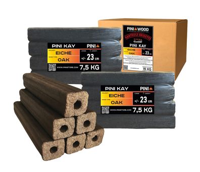 PINI Kay Eichenholzbriketts 23 cm lang viereckig mit Zugloch 15 kg Hartholzbriketts