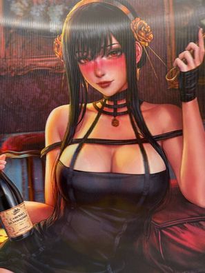 3D-Bild/Flip Effekt-Sexy Frau mit Wein/Whisky-schwarzes Kleid/BH-30x40cm-ohne Rahmen