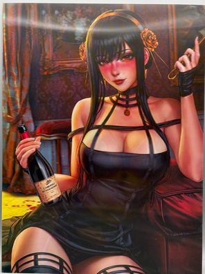 3D-Bild/Flip Effekt-Sexy Frau mit Wein/Whisky-schwarzes Kleid/BH-30x40cm-mit Rahmen