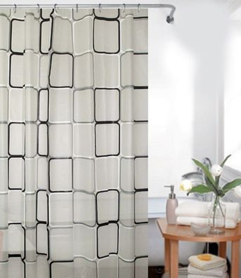 PEVA Duschvorhang Schwarz Quadro Hellgrau Retro Clear inkl. Ringe 180x230 cm