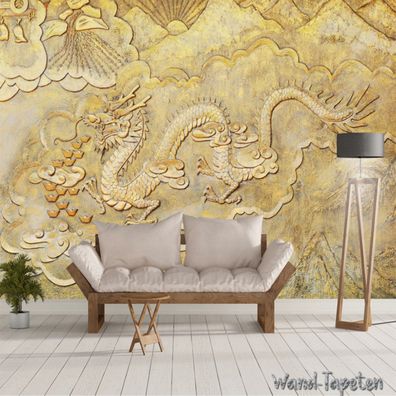 Vlies Fototapete Wandtapete Wandbilder 3D Goldene Landschaft mit Drachen 3256
