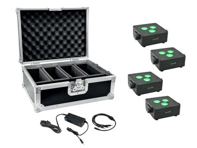 Eurolite Set 4x AKKU IP Flat Light 3 sw + Ladenetzteil + Case