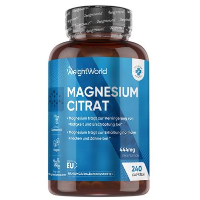 Magnesiumcitrat - 240 vegane Kapseln - 2 Flaschen - WeightWorld