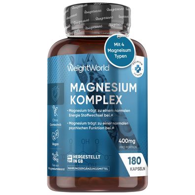 Magnesium Komplex - 180 vegane Kapseln - 400mg Elementares Magnesium pro Portion