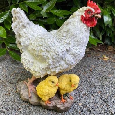 Gartenfigur weiße Huhn Figur mit zwei Küken 32 cm