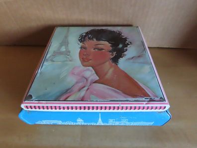 Blechdose alt viereckig mit Eifelturm u. Frauenkopf Haribo Lakritzen Bonn